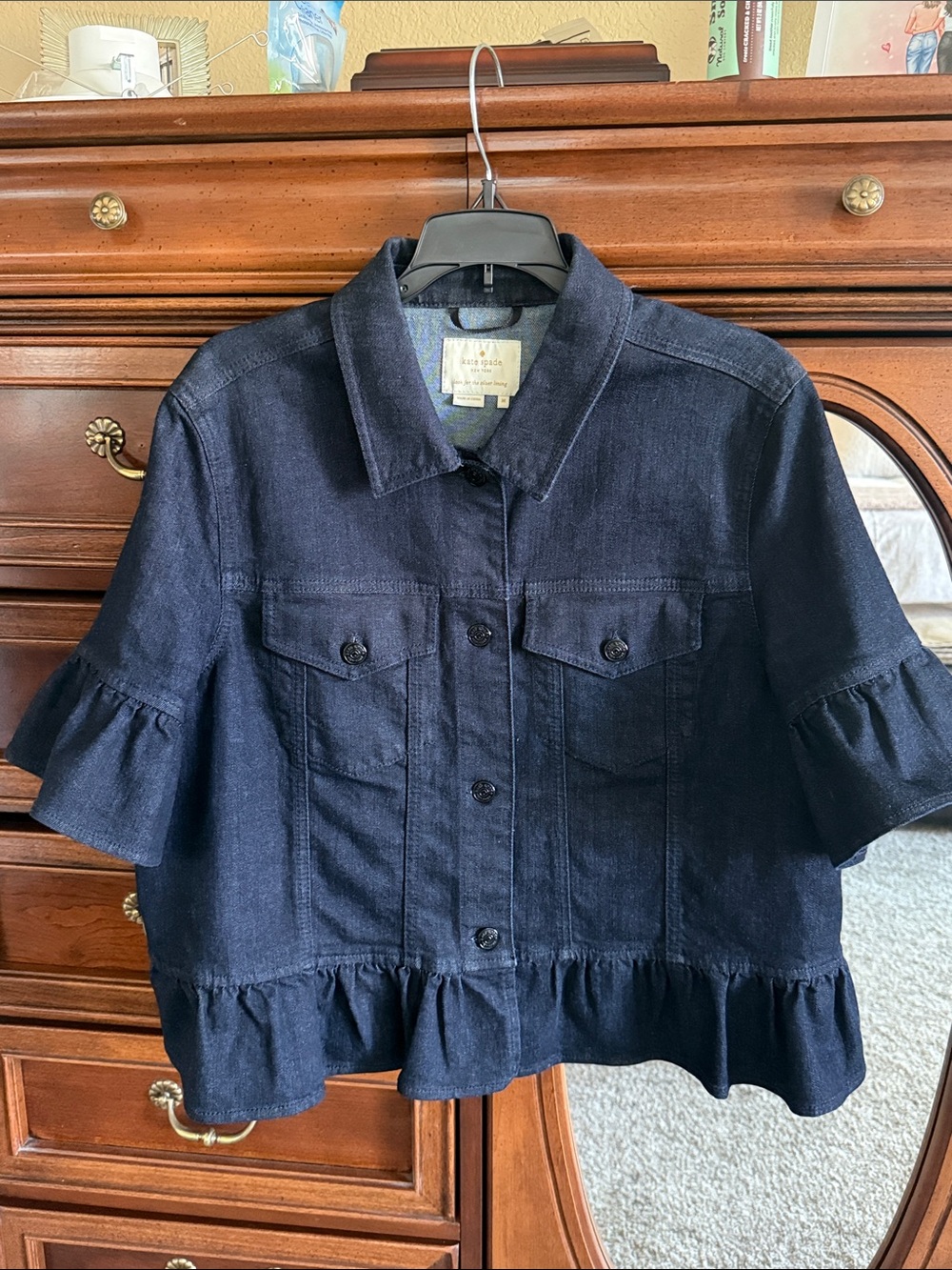 kate spade navy denim ruffle-hem jean jacket